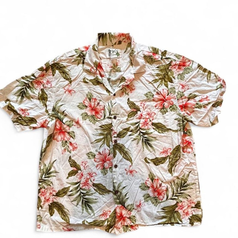 Ky's Hawaiian white shirt with pink flowers and green leaves
